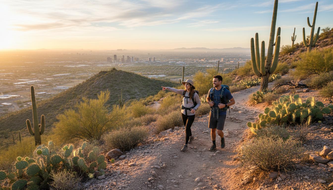 Hikers ascending Camelback Mountain trail with Phoenix skyline in the distance, Arizona