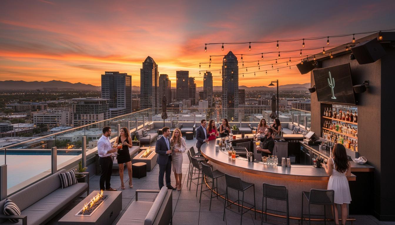 Trendy rooftop bar in downtown Phoenix at sunset with city skyline views and craft cocktails