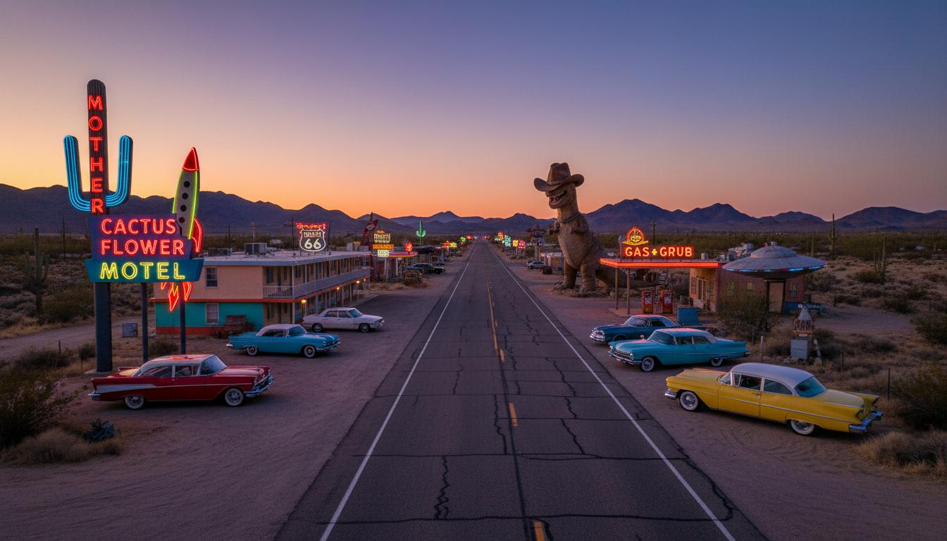 Historic Route 66 through the Arizona desert with vintage neon signs and retro motels