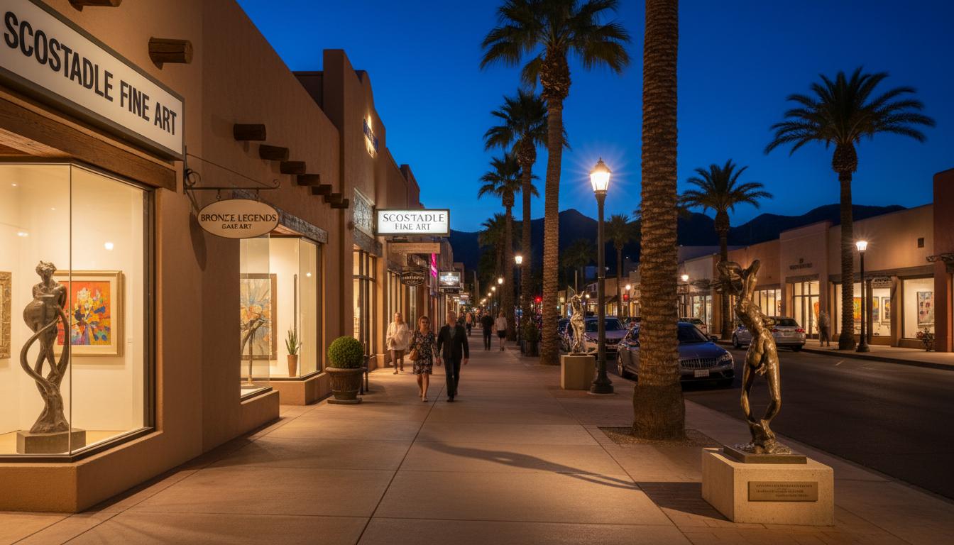 Art galleries and sculptures along the Scottsdale Arts District at night, Arizona