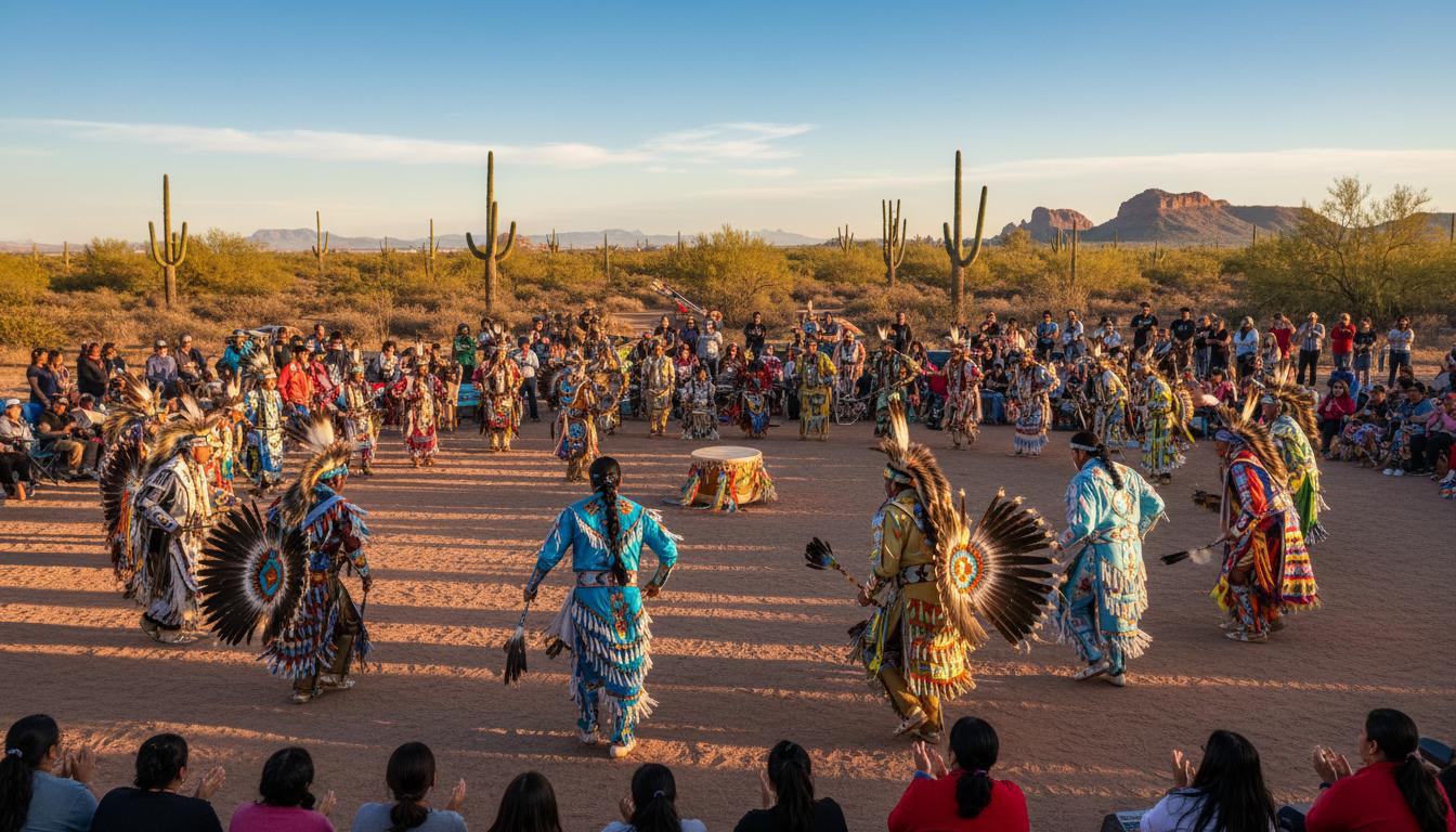 Native American cultural celebration with traditional dancers in Arizona desert setting
