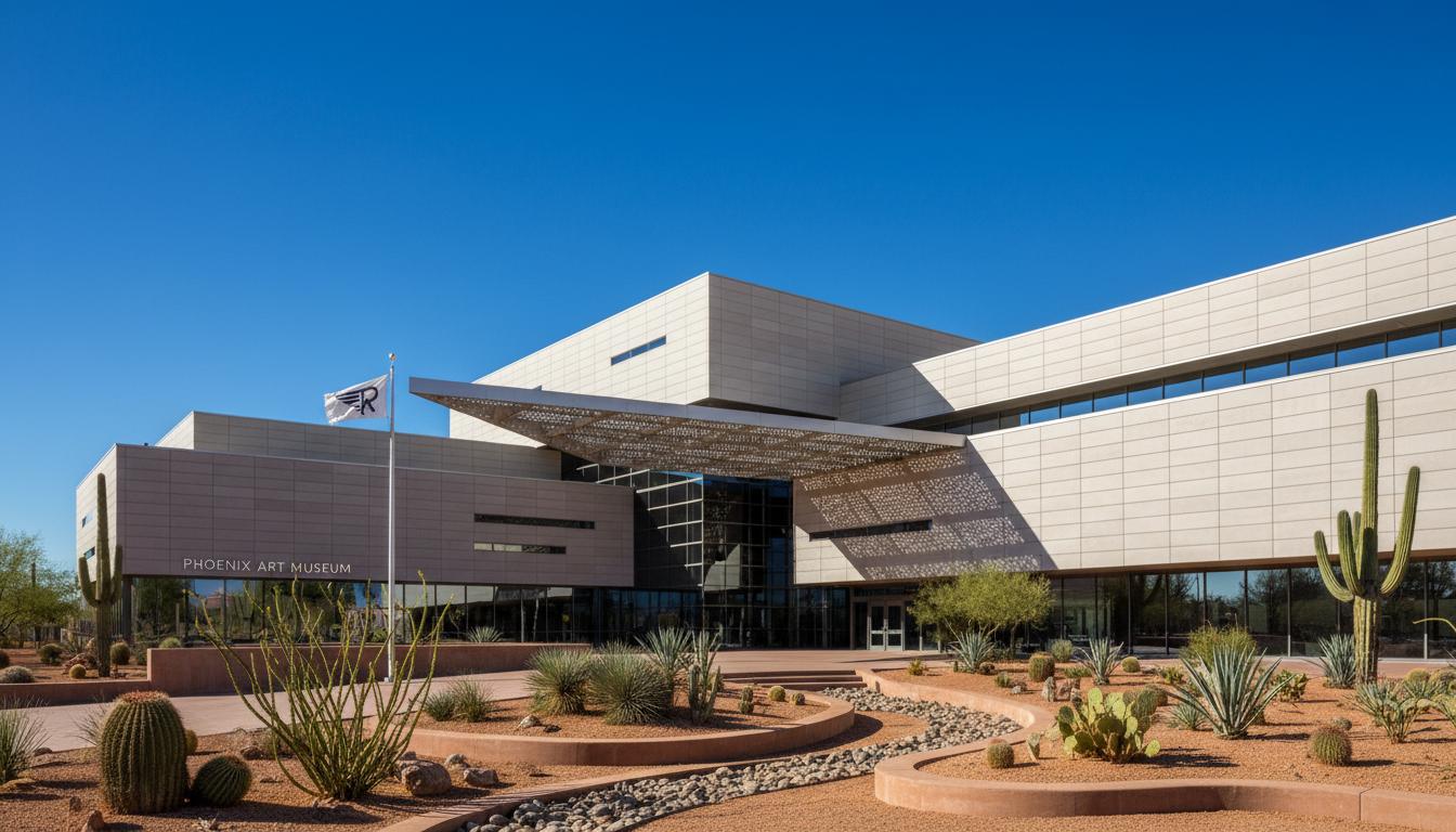 Phoenix Art Museum modern exterior with contemporary architecture under blue Arizona sky