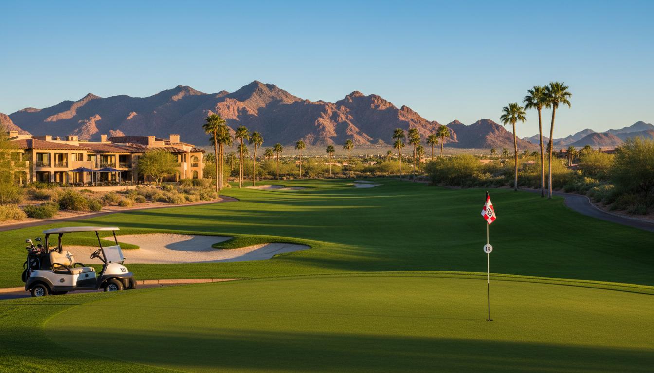 Luxury golf course fairway in Scottsdale with Sonoran Desert mountains in background, Arizona