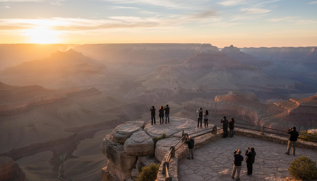 Grand Canyon South Rim panoramic view at sunrise with layered rock formations, Arizona